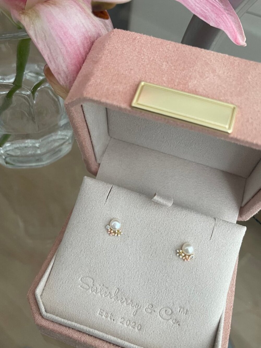 NWT PINK Daisy Pearl Studs // 14k Gold Vermeil + CZ